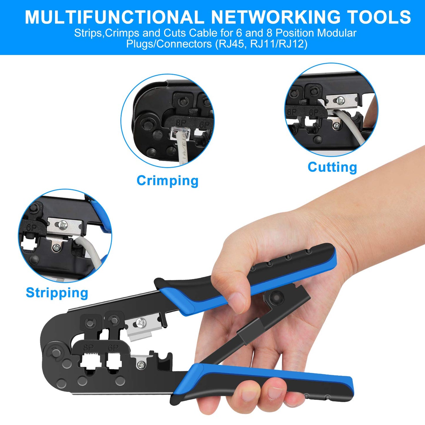 RJ45 Crimping Tool Kit with 20 CAT5/CAT5e Connectors, Covers, Network Cable Tester, Wire Stripper – Crimp RJ11, RJ12, RJ45