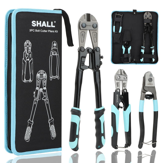 SHALL 3‑Piece Bolt Cutter Set: 14" Heavy Duty Bolt Cutter, 8" Mini Cutter & 8" Wire Rope Cutter with Ergonomic Handles, Carrying Case Included