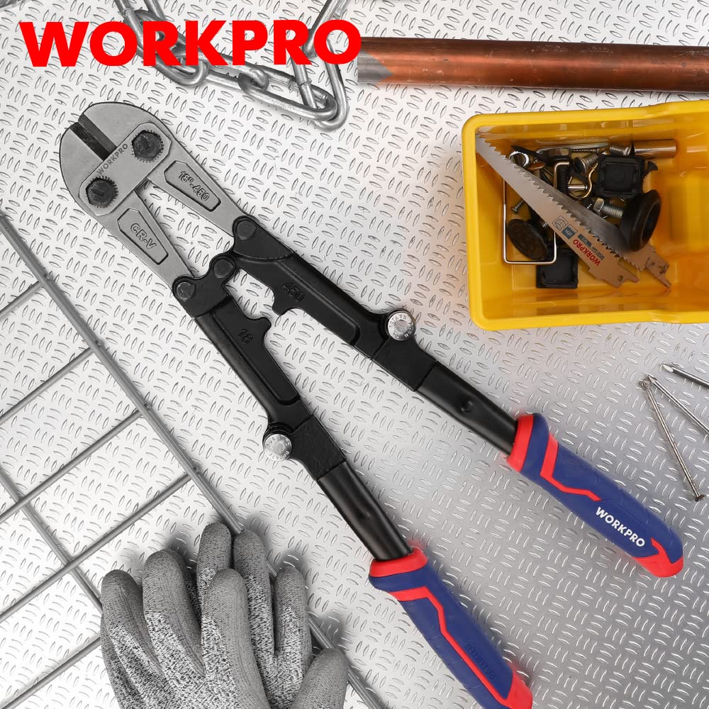 WORKPRO 18" Foldable Bolt Cutter with Comfort Grip, Chrome Vanadium Steel Blade for Rods, Bolts, Wires, Chains & Rivets