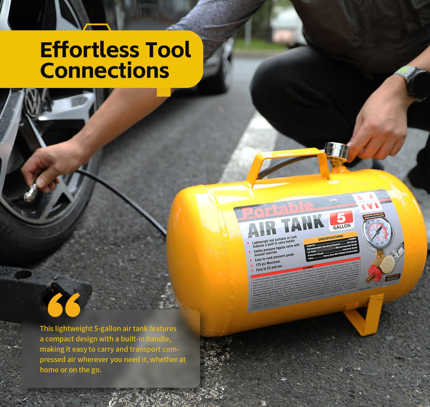 MaxWorks 51010 5 Gallon Portable Air Tank with Pressure Gauge, Safety Valve & 40" Hose, Lightweight Durable, 140 PSI Max