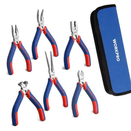 WORKPRO 6-Piece Mini Pliers Set with Pouch – Needle Nose, Diagonal, Long & Bent Nose, End Cutting, Linesman for Crafts & Electronics Repair