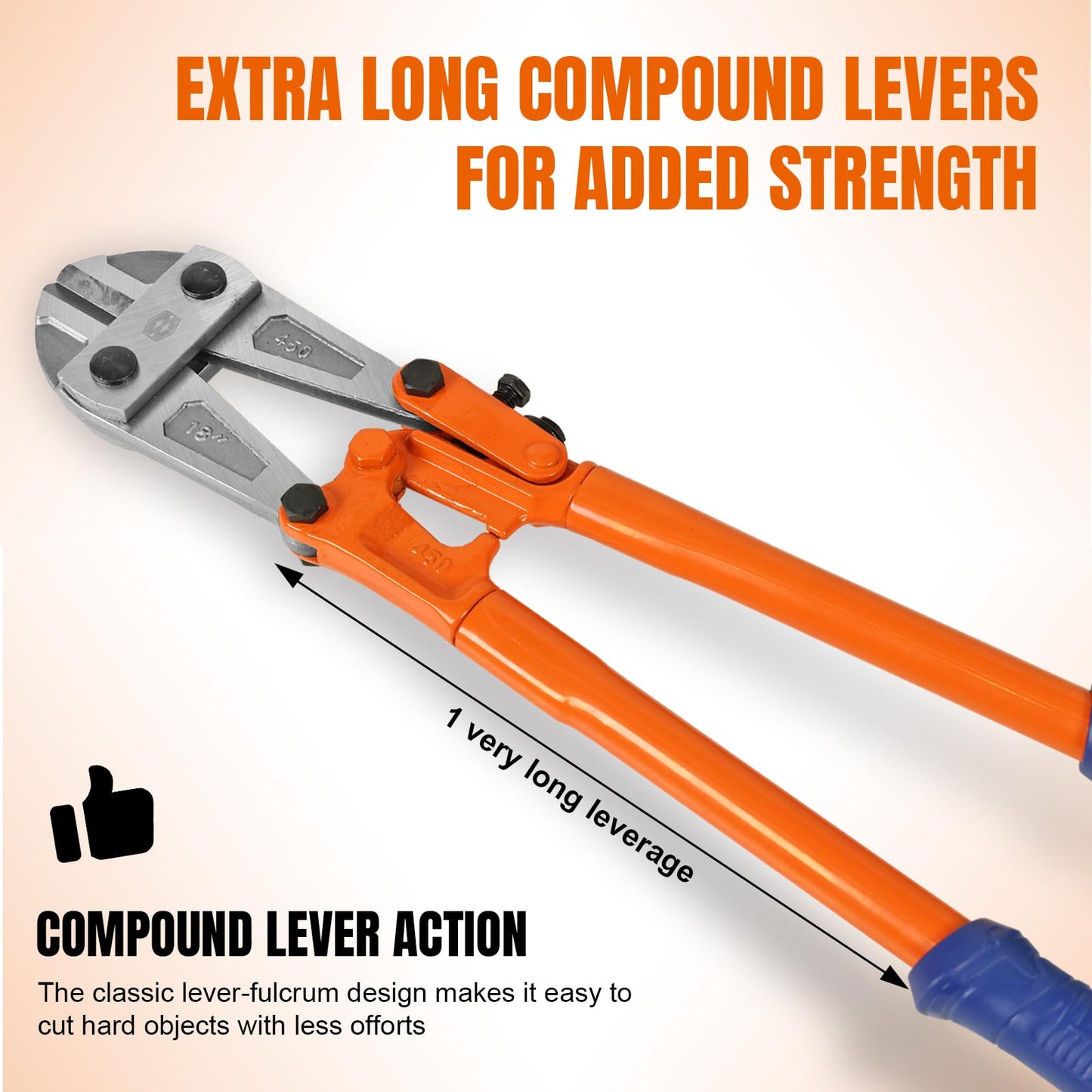 WADFOW 18" Bolt Cutter, Heavy-Duty Medium Cutters with Ergonomic Soft Grip Handle for Fence, Wire, Chain, Screws, Rivets & Padlocks