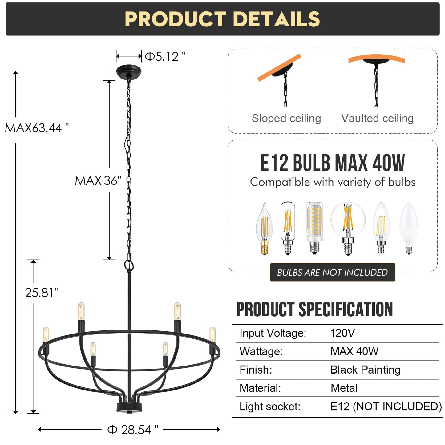 **FookChak 6-Light Farmhouse Black Chandelier, Metal Candle Dining Room Light Fixture for Kitchen, Living Room, Bedroom, Entryway, 28.54in**