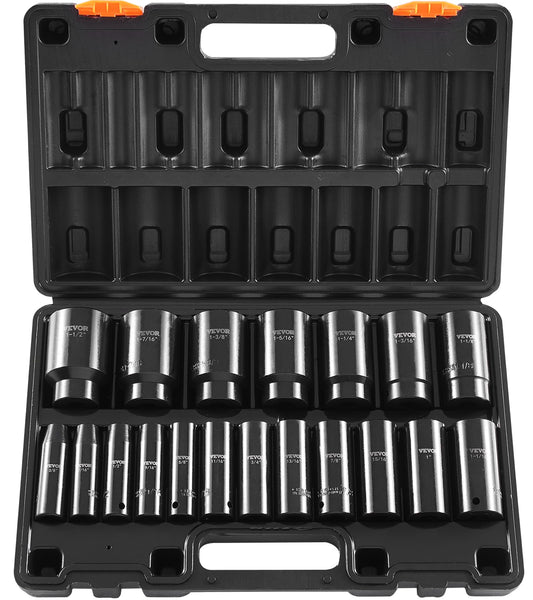 VEVOR 1/2" Drive Impact Socket Set, 19-Piece Deep 6-Point Cr-V Sockets, 3/8"–1-1/2", Heavy Duty with Storage Case