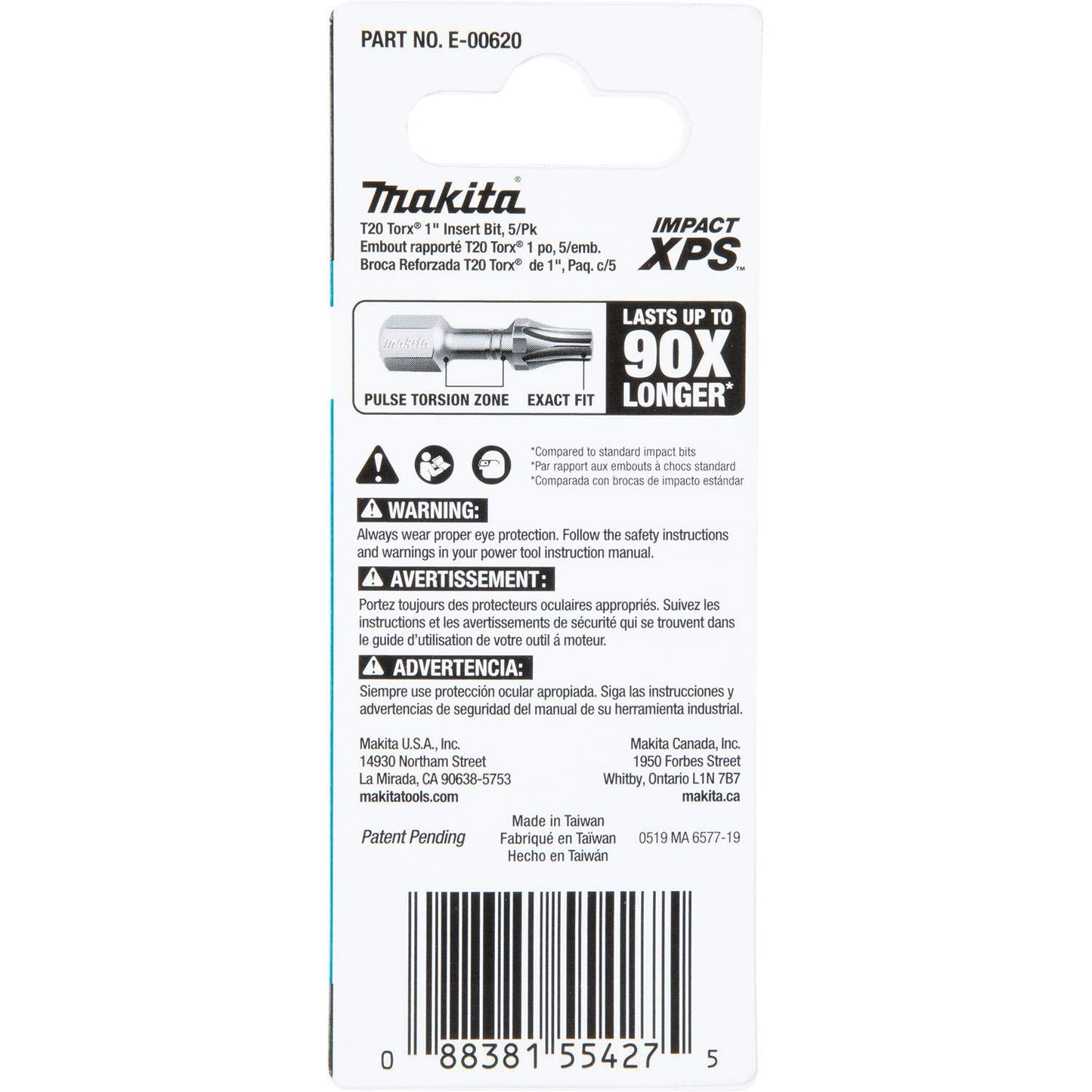 Makita E-00620 Impact XPS™ T20 Torx 1" Insert Bit, 5/pk