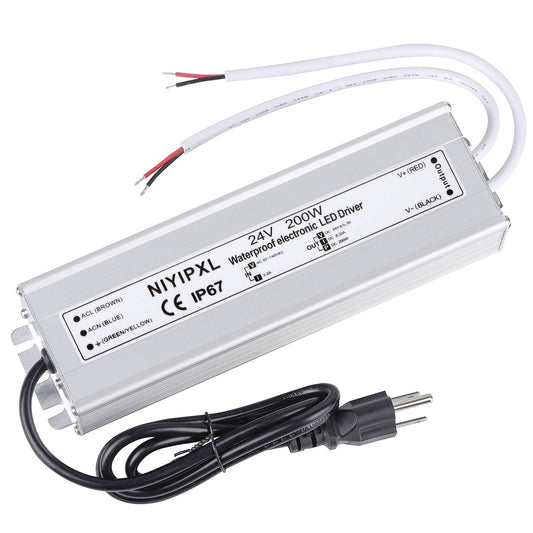 200W 24V DC LED Driver Power Supply, Waterproof IP67 Transformer Adapter with 3-Prong Plug & 3.3ft Cable for Outdoor & DIY LED Lights