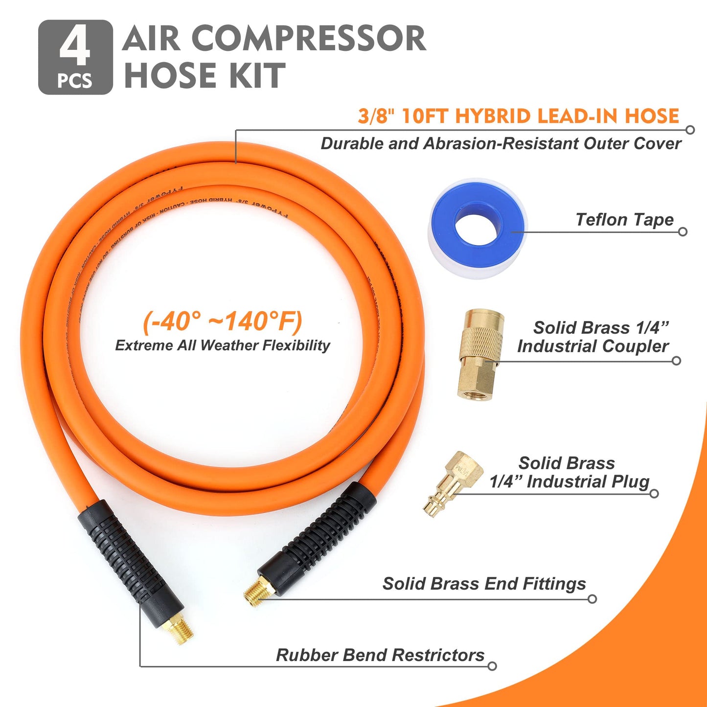 FYPower 3/8" x 10ft Air Compressor Whip Hose, Flexible Kink-Resistant Hybrid Hose with 1/4" Industrial Quick Coupler & Plug Kit