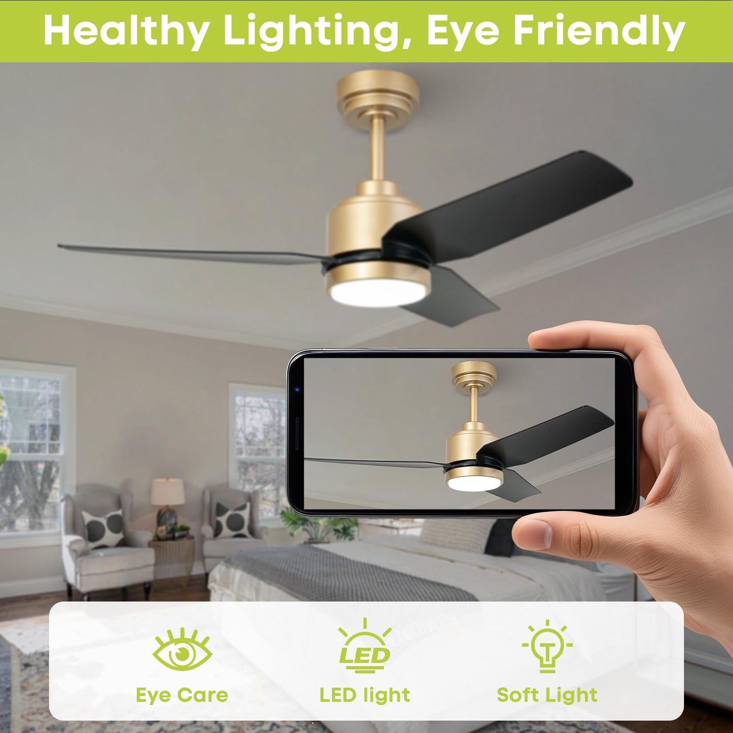 42” Black Ceiling Fan with Lights & Remote/APP, Modern 6-Speed Reversible DC Motor, Quiet, 3CCT Dimmable, Timer for Indoor/Outdoor