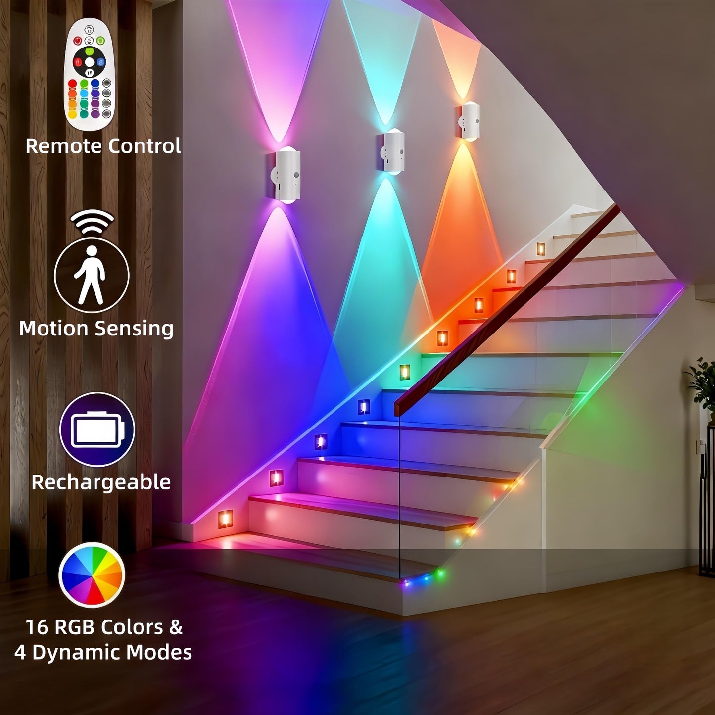 4-Pack Rechargeable RGB LED Wall Lamps with Motion Sensor, Remote, Dimmable, Magnetic Mount, 1200mAh Battery – Stair, Hall, Bedroom, Kitchen