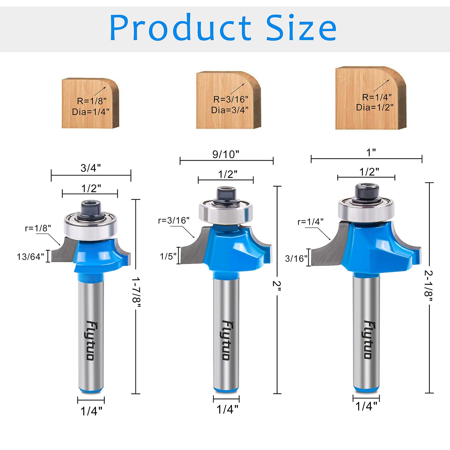 Flytuo 3-Piece Roundover Router Bit Set, 1/4" Shank, Corner Rounding Edge-Forming Bits, 1/4", 3/8", 1/2" Radius