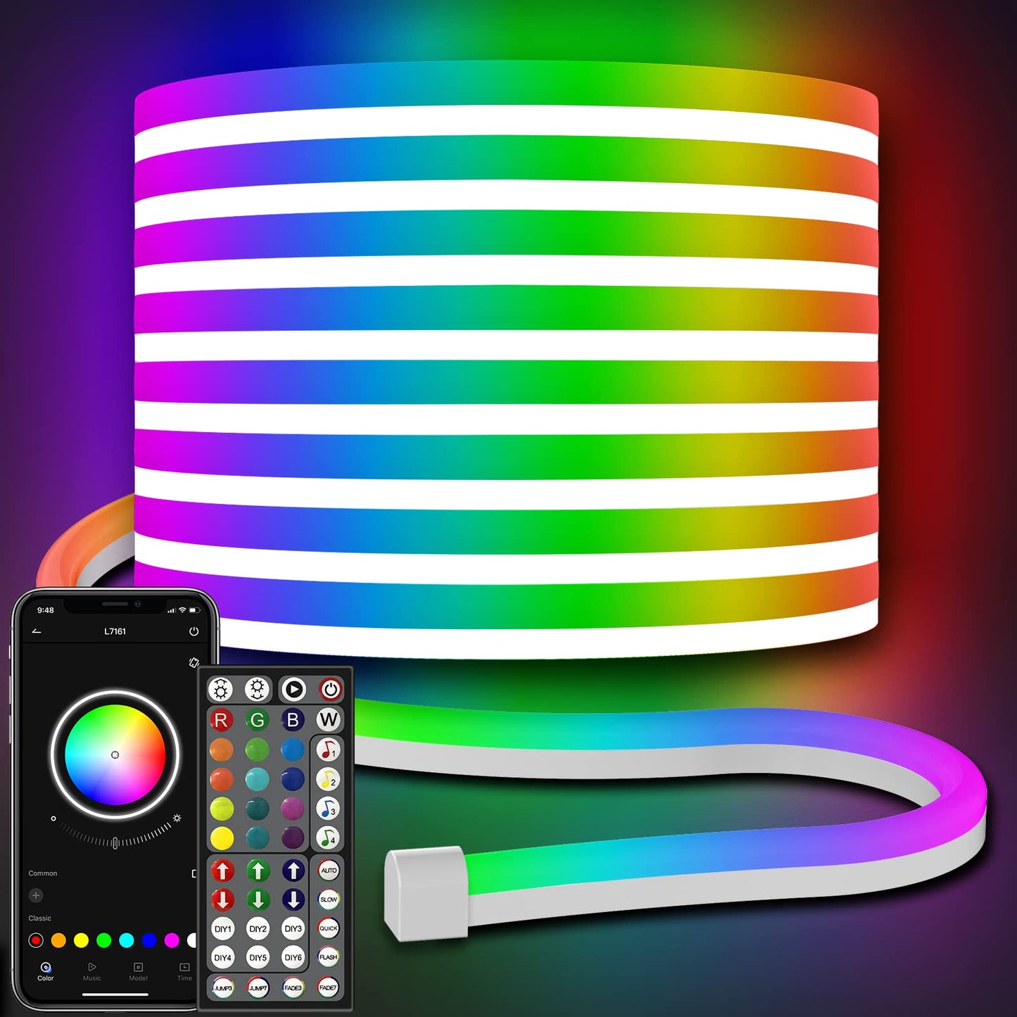 32.8ft RGB LED Neon Rope Lights, App & Remote Control, Music Sync, Flexible, Multiple Modes, IP65 Outdoor Waterproof Strip