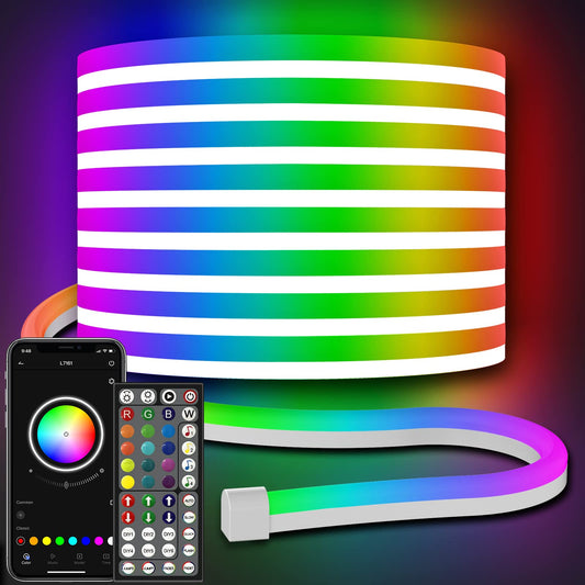 32.8ft RGB LED Neon Rope Lights, App & Remote Control, Music Sync, Flexible, Multiple Modes, IP65 Outdoor Waterproof Strip