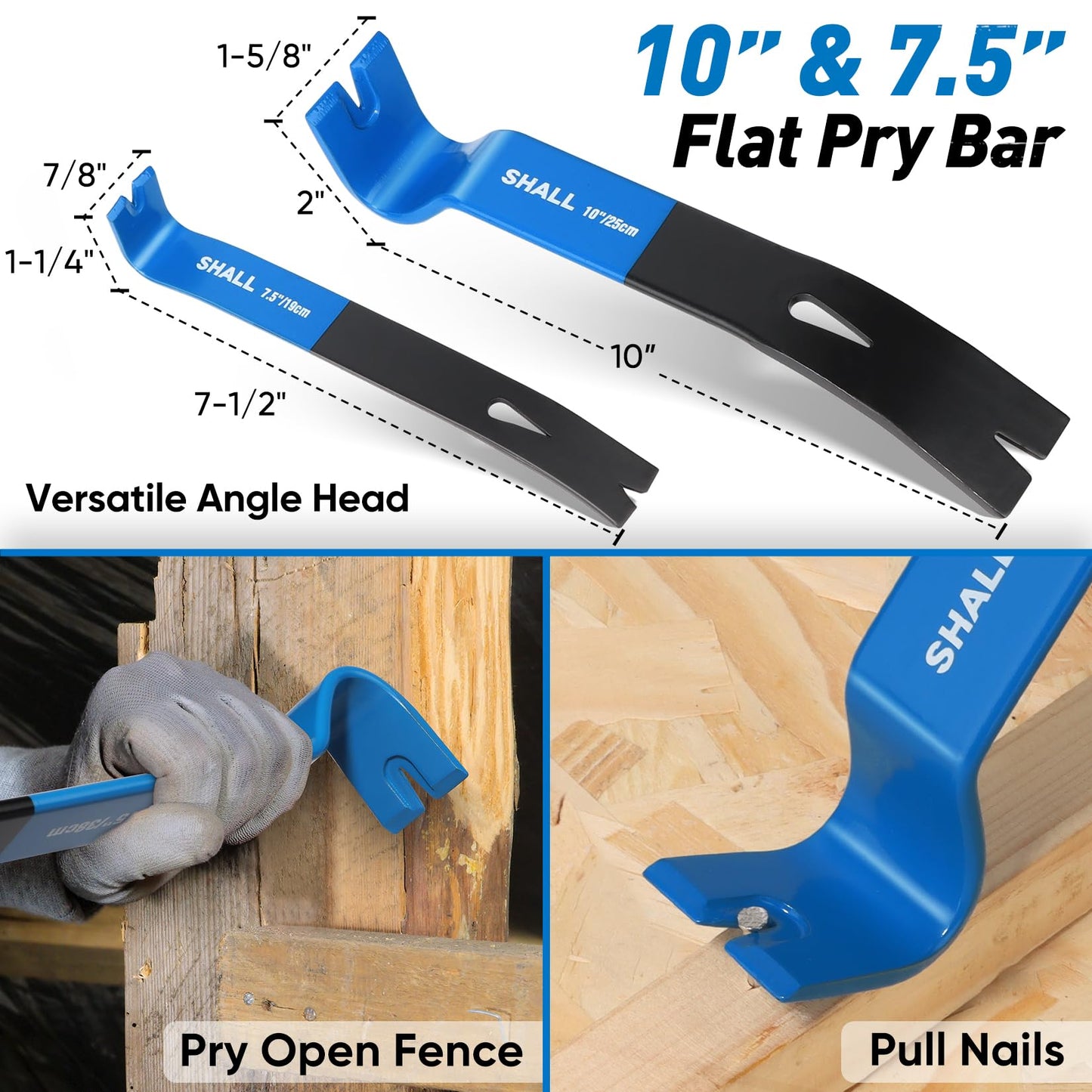 SHALL 4-Piece Pry Bar Set – 12" Cats Paw, 10" & 7.5" Flat Pry Bars, 8" End Cutting Pliers, Crowbar Nail Remover for Baseboards & Floors