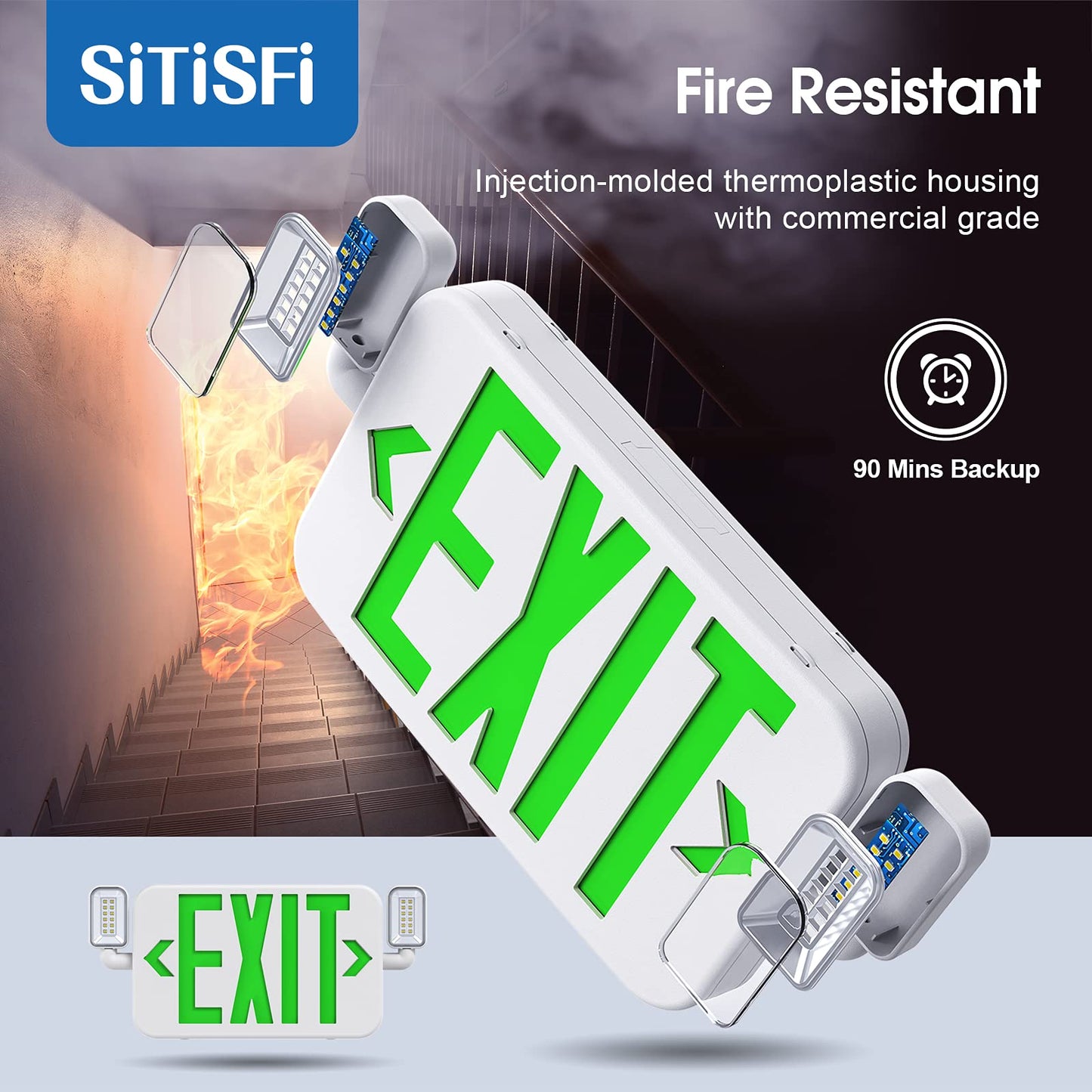 LED Combo Emergency Exit Sign Light with Adjustable Heads & Backup Battery, US Standard Green, UL 924, 120/277V, 4-Pack