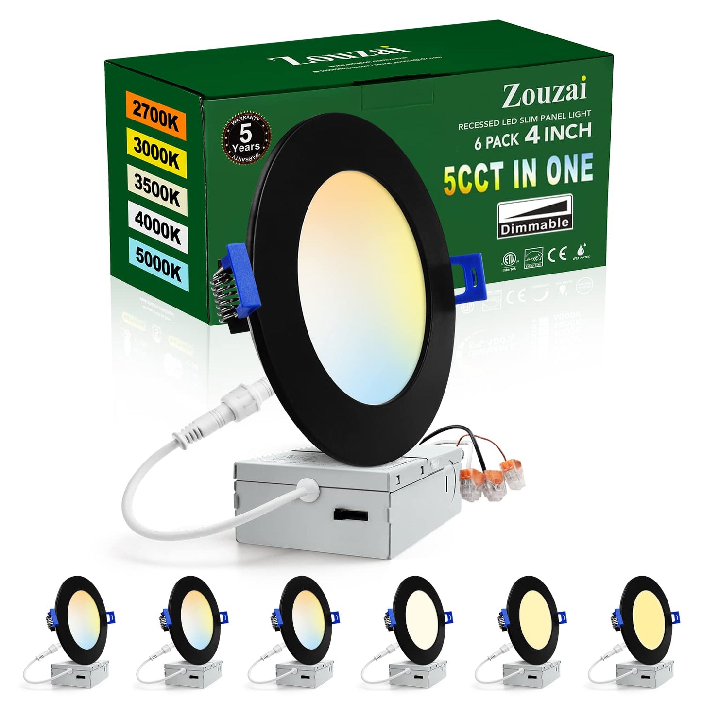 Zouzai 4" Black LED Recessed Ceiling Light 5CCT 9W Dimmable w/ Junction Box, 2700K-5000K, ETL & Energy Star Certified, 6 Pack