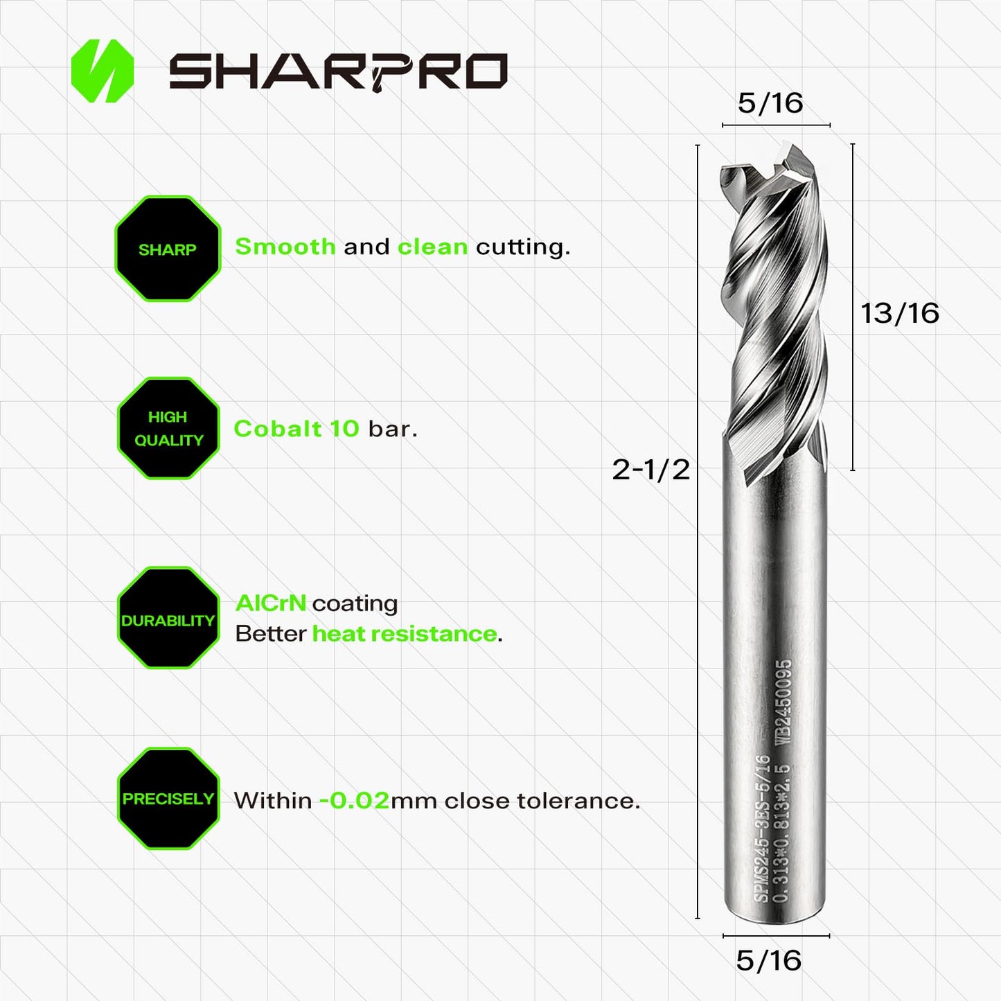 SHARPRO 5/16" Shank 3-Flute Carbide End Mill, Upcut Spiral CNC Router Bit for Aluminum, Steel, Stainless & Alloy Metals