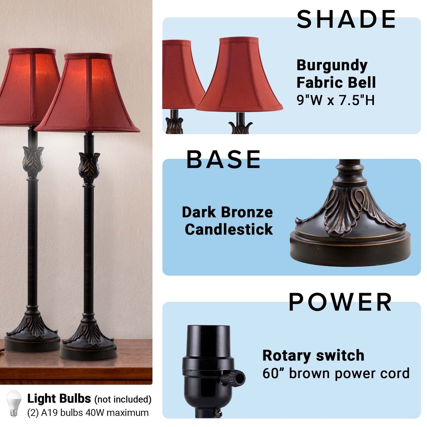 Catalina Lighting Brenda Buffet Table Lamps, 25.75" Bronze Desk & Nightstand Lamp Set of 2, Office, Dorm, Bedroom, LED Not Included