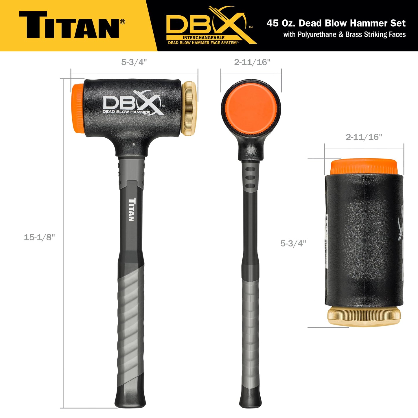 Titan DBX 63647 45oz Dead Blow Hammer – Interchangeable Polyurethane & Brass Faces, Rebound Resistant, 15" Shock-Absorbing Fiberglass Handle