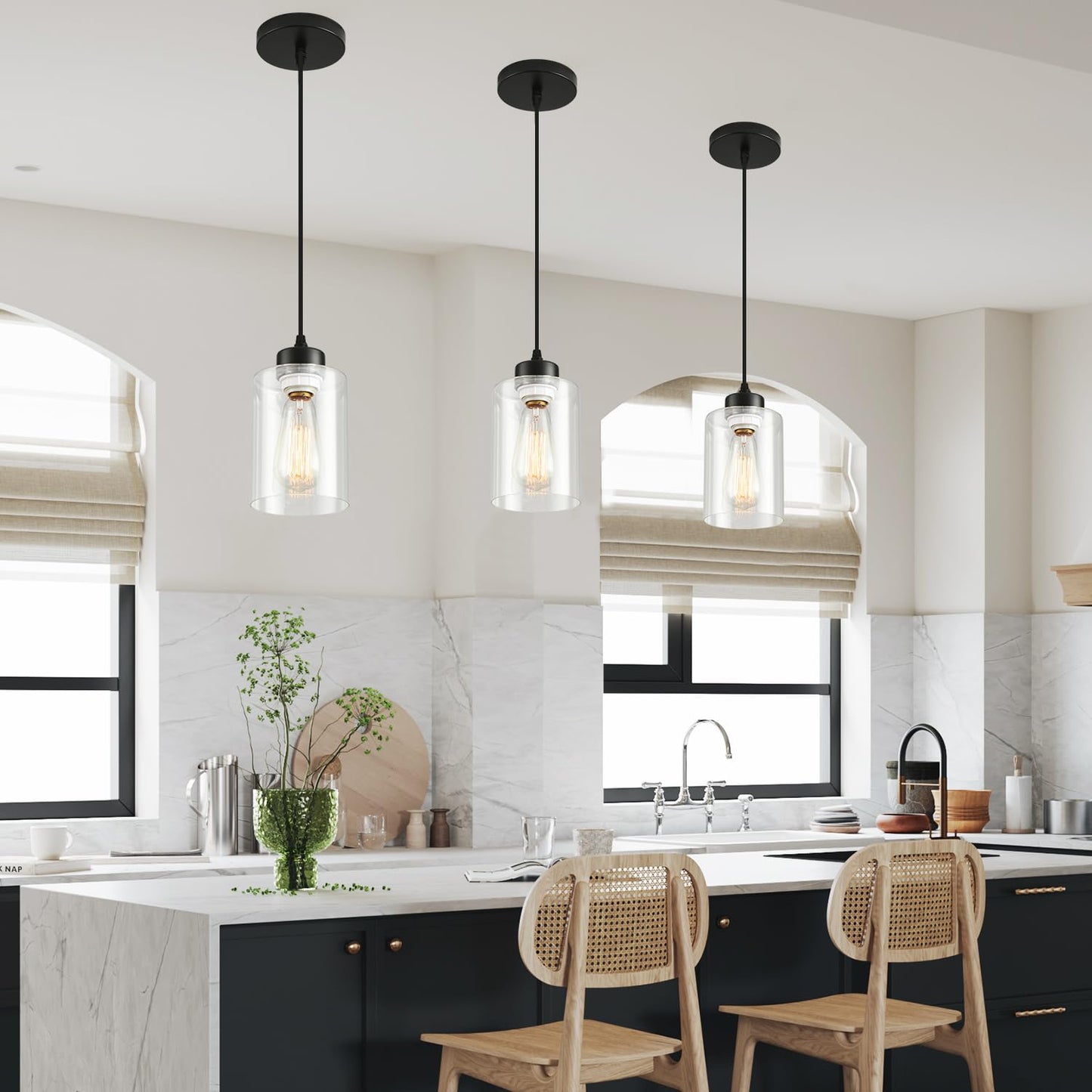 CAFULAM Modern Black Farmhouse Pendant Light with Glass Shade, Industrial Adjustable Hanging Ceiling Light Fixture