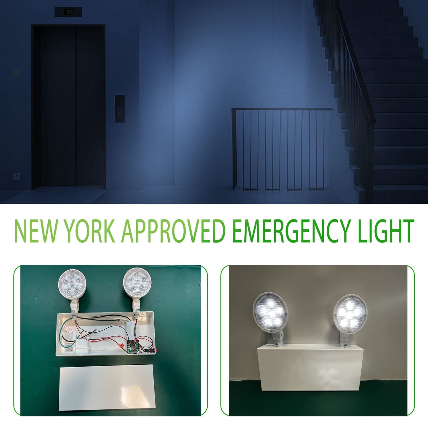 Garrini New York LED Emergency Light, 2 Adjustable Heads, White, Backup Battery, Fire Resistant, Commercial Grade, UL Certified