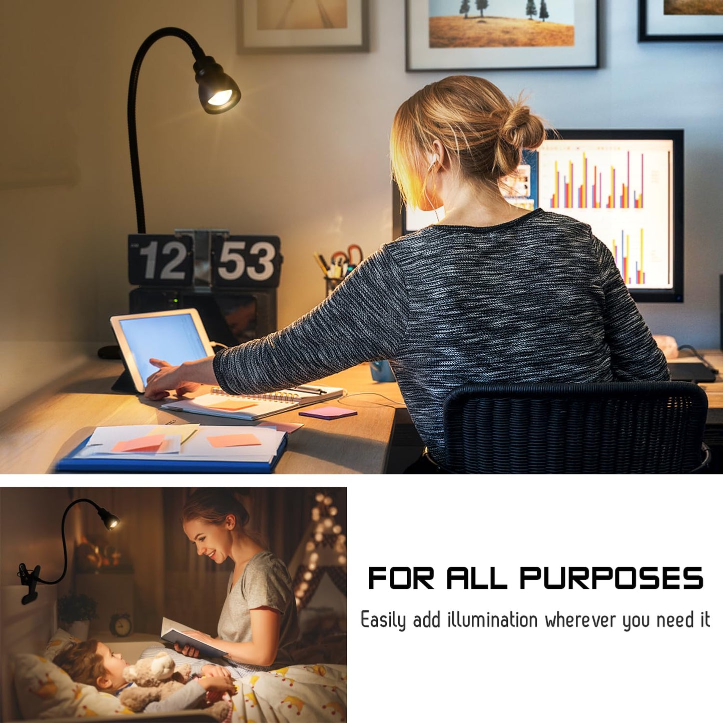 CeSunlight Zoomable Clip-On Reading Light – Dimmable 3-Color Temp, 10 Brightness Levels, Adjustable Beam, Clamp for Dorm/Bed