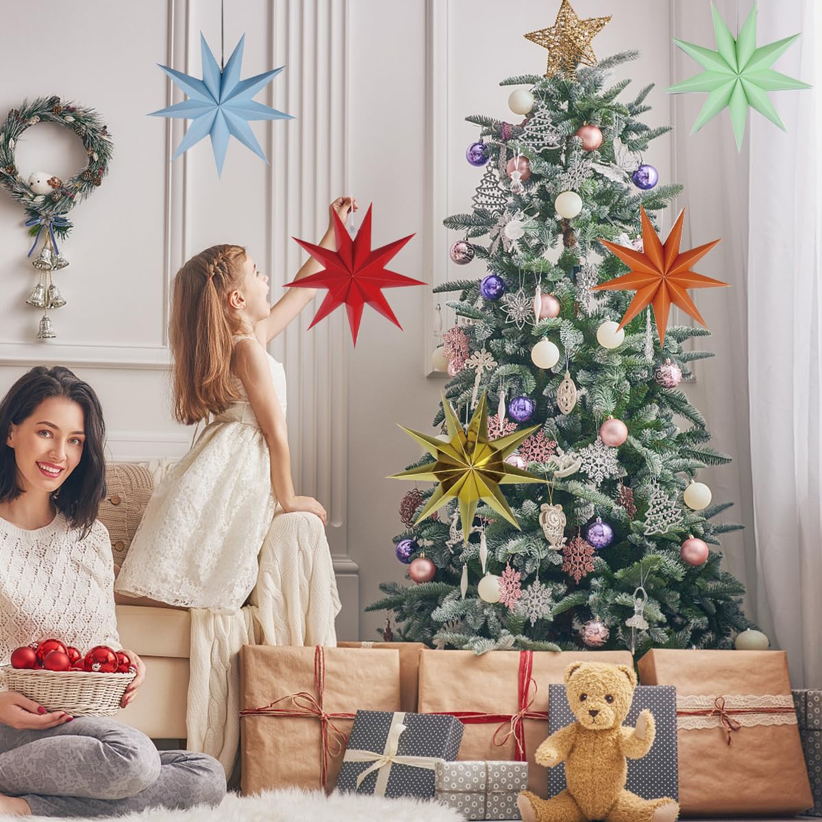 5-Pack 11.8” Gold 9-Point Paper Star Lanterns – Hanging Paper Lampshades for Christmas, Wedding, Birthday & Home Decor