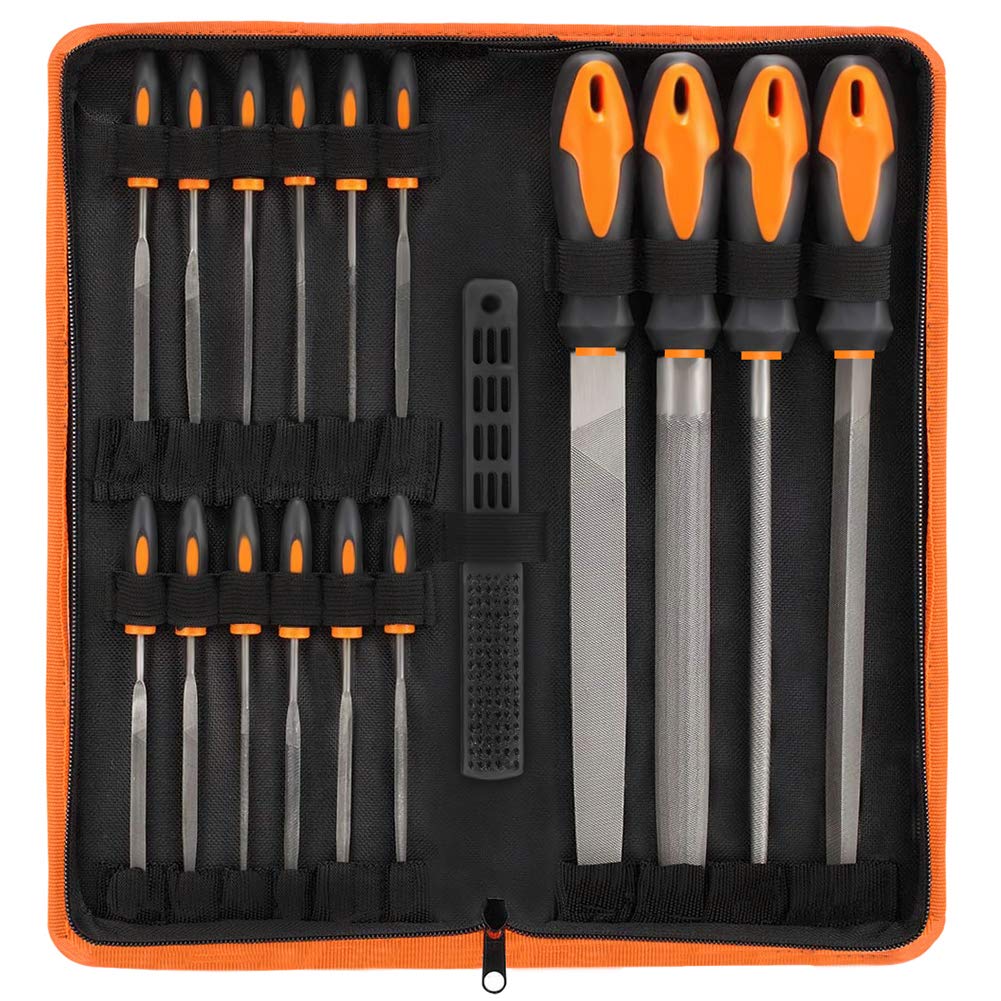 17-Piece File Tool Set with Case – T12 Alloy Steel, Precision Flat/Triangle/Half-Round/Round Files + 12 Needle Files & Brush
