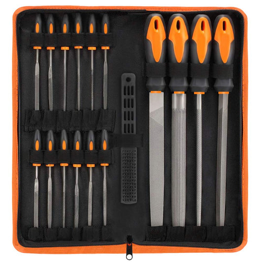 17-Piece File Tool Set with Case – T12 Alloy Steel, Precision Flat/Triangle/Half-Round/Round Files + 12 Needle Files & Brush