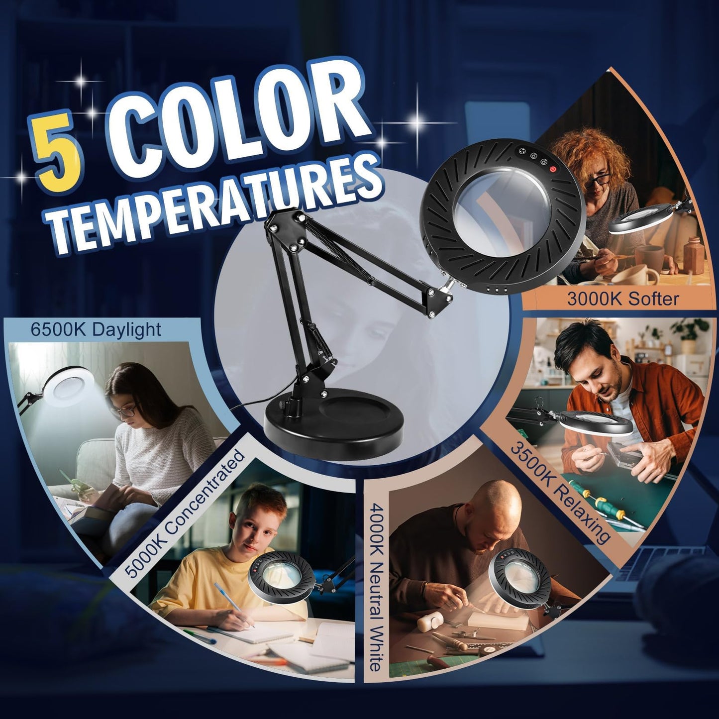 12X Magnifying Glass with Light & Stand, 144 LED Desktop Magnifying Lamp, 10 Dimmable Levels, 5 Color Modes, Hands-Free Metal Desk Lamp for Crafts, Reading & Close Work