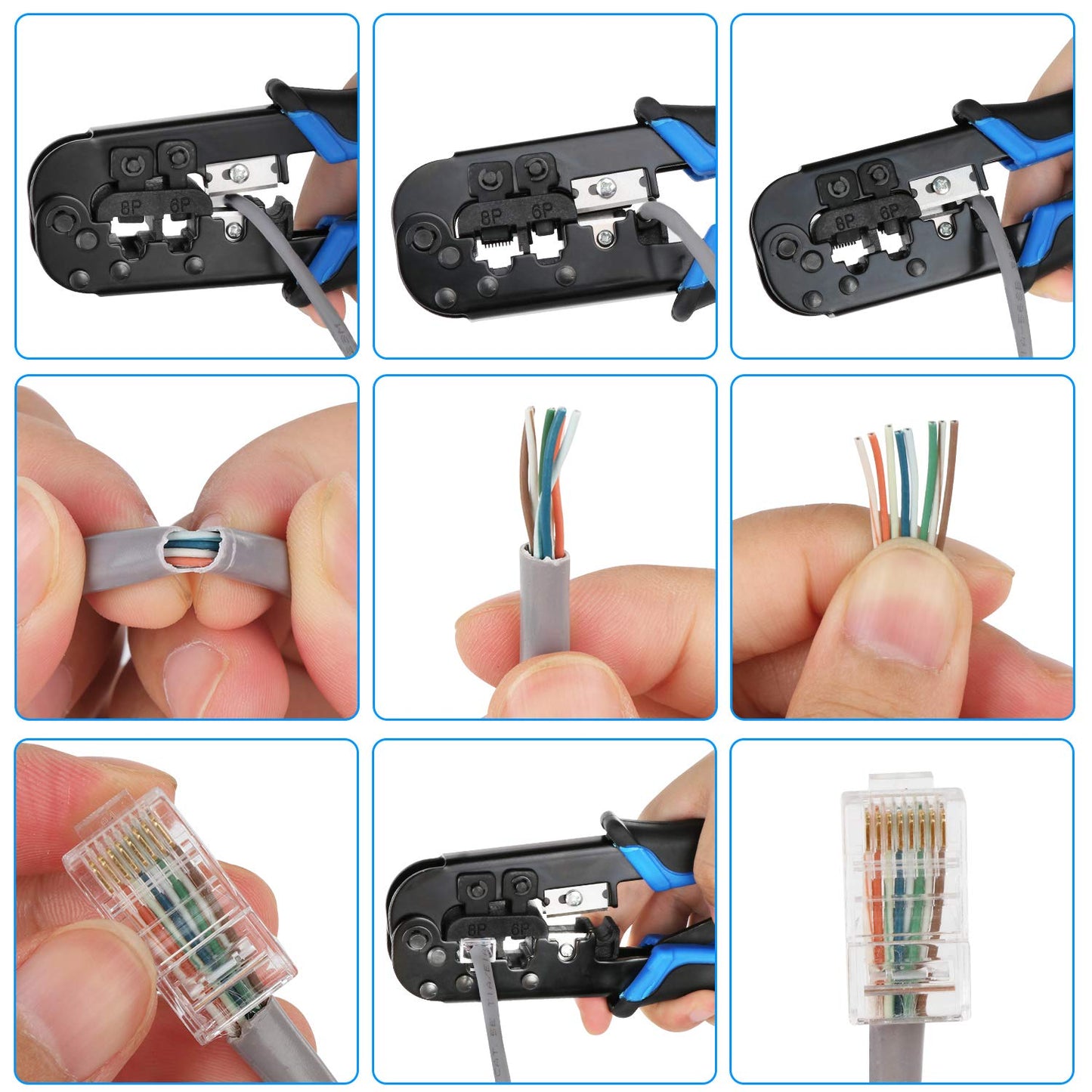 RJ45 Crimping Tool Kit with 20 CAT5/CAT5e Connectors, Covers, Network Cable Tester, Wire Stripper – Crimp RJ11, RJ12, RJ45