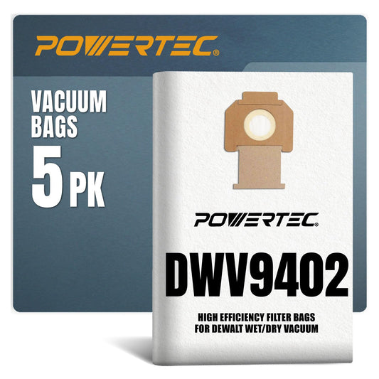 POWERTEC DWV9402 Fleece Bags for Dewalt 5PK, for Dewalt DWV010, DWV012, DWV015 8 & 10 Gallon Dust Extractor, Replacement Shop Vacuum Bags (75029)