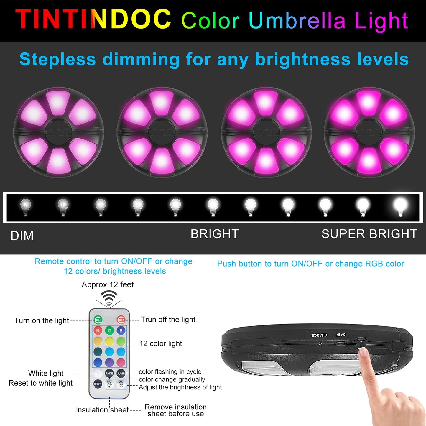 TINTINDOC Umbrella Light with Remote – Outdoor Patio Pole Light, Rechargeable/AA Battery, 300 Lumen, Stepless Dimming