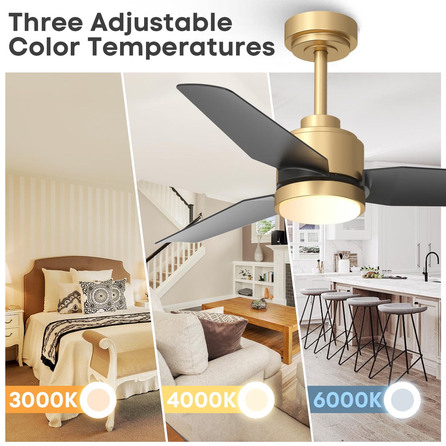 42” Black Ceiling Fan with Lights & Remote/APP, Modern 6-Speed Reversible DC Motor, Quiet, 3CCT Dimmable, Timer for Indoor/Outdoor