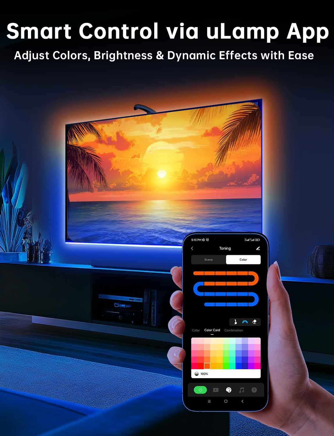 FFJ 14.7ft TV LED Backlight with Sensor, Cuttable RGB Strip for 55-65" TV & PC, App Controlled, Music & Game Sync Color-Changing Lights