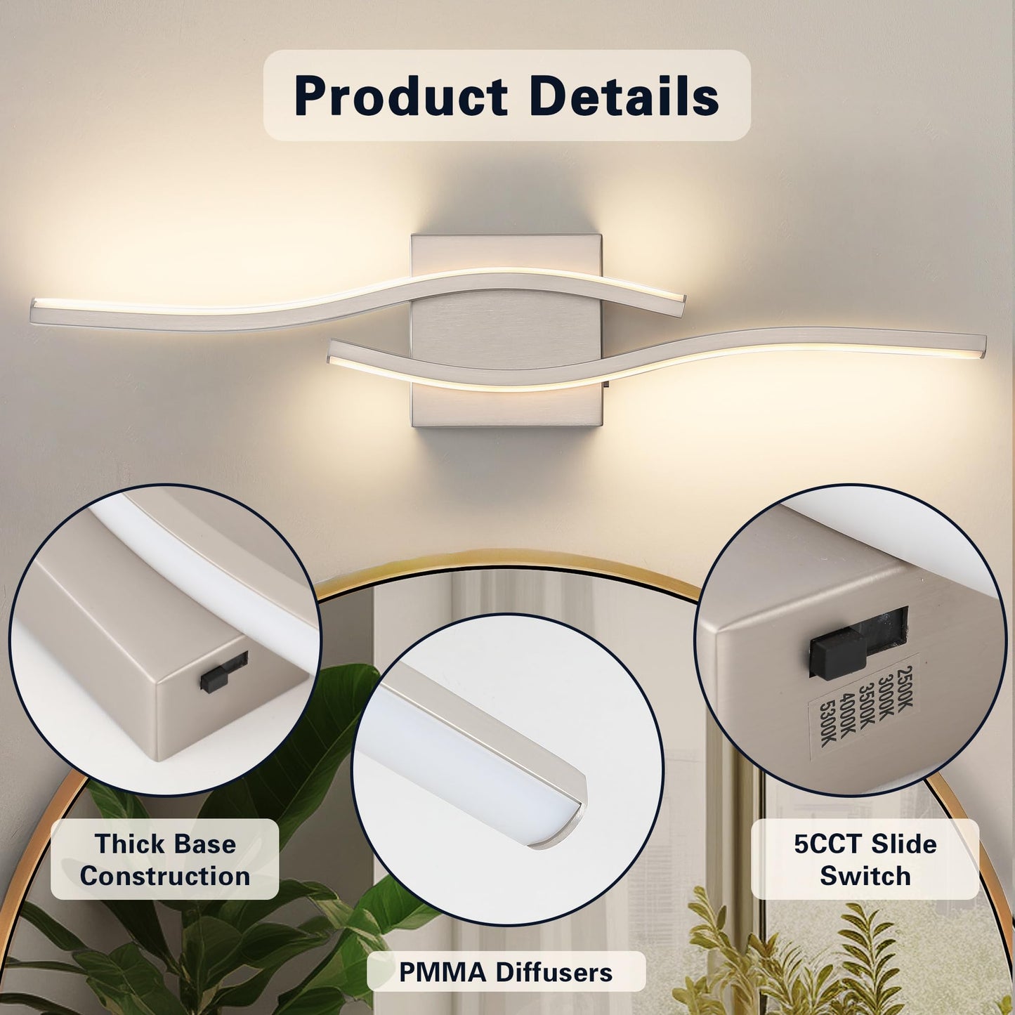 Joossnwell 23" Brushed Nickel LED Bathroom Vanity Light, 5CCT Dimmable Modern Wall Fixture Over Mirror