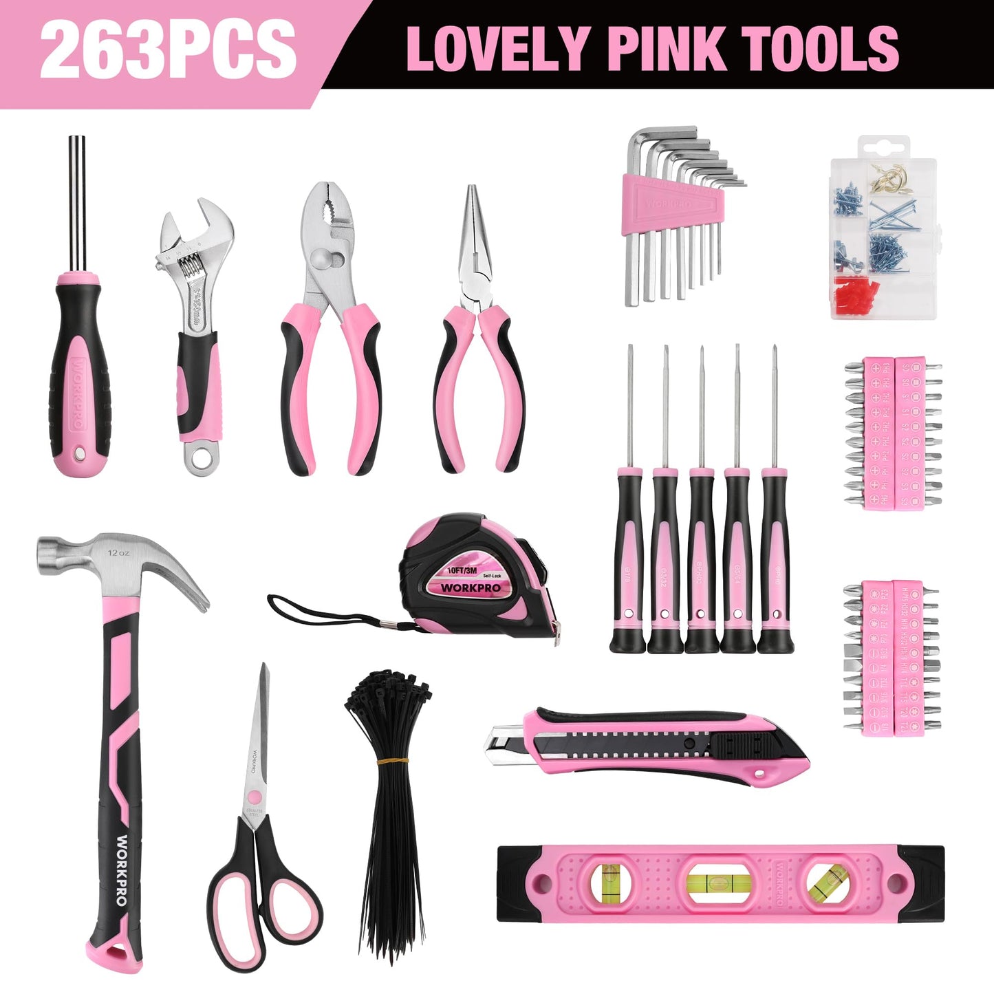 WORKPRO Pink Tool Kit, 263-Piece Home Repairing Tool Set with Wide Mouth Open Storage Bag, Household Tool Kit - Pink Ribbon