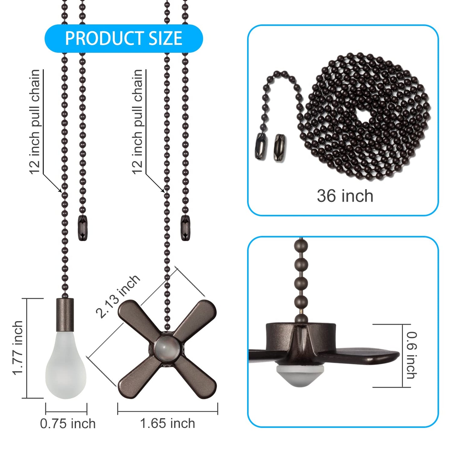 Ceiling Fan Pull Chain Set, 4 Beaded Ball Pendants, 8 Loop Connectors & 2 Extenders 36" – Oil Rubbed Bronze
