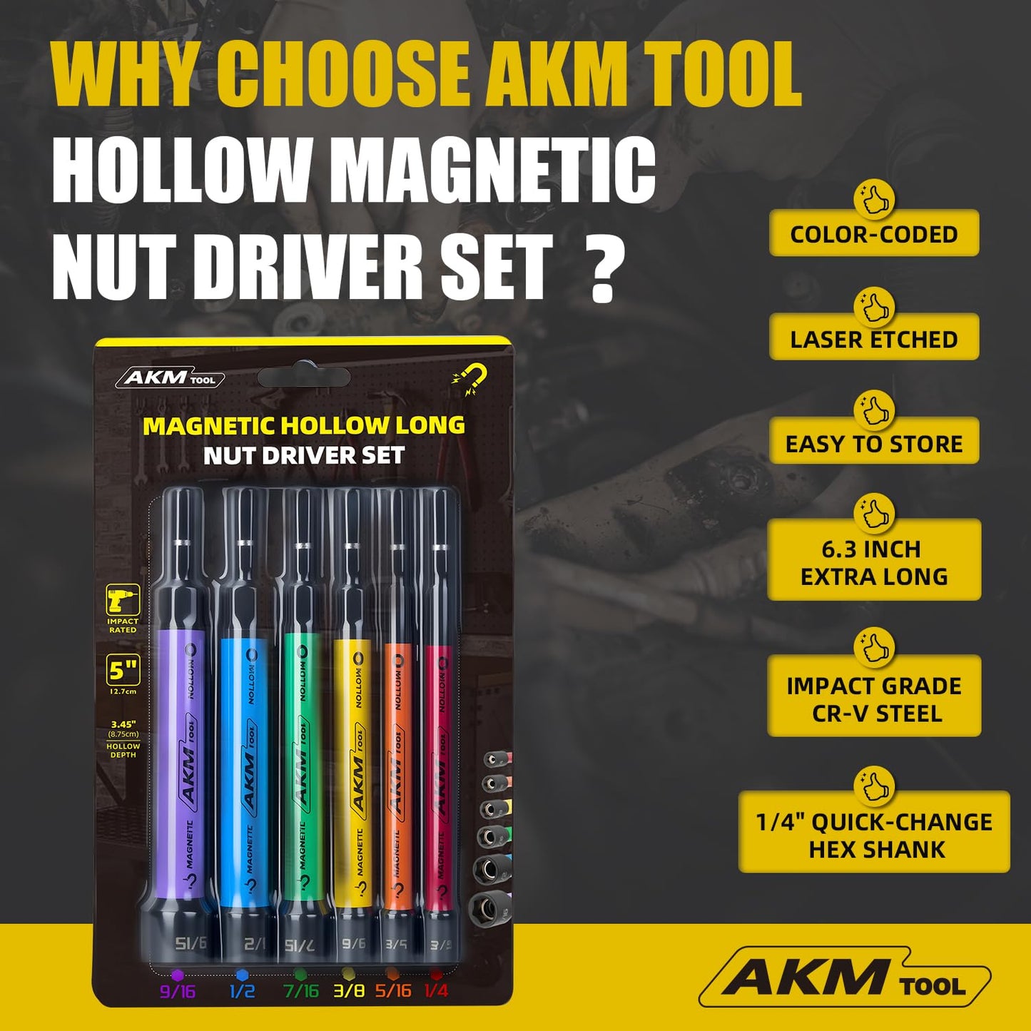 AKM TOOL 6-Piece Hollow Nut Driver Set, Magnetic SAE Hex Nut Driver, Color-Coded, 1/4–9/16", 5" Extended Reach Nut Setter