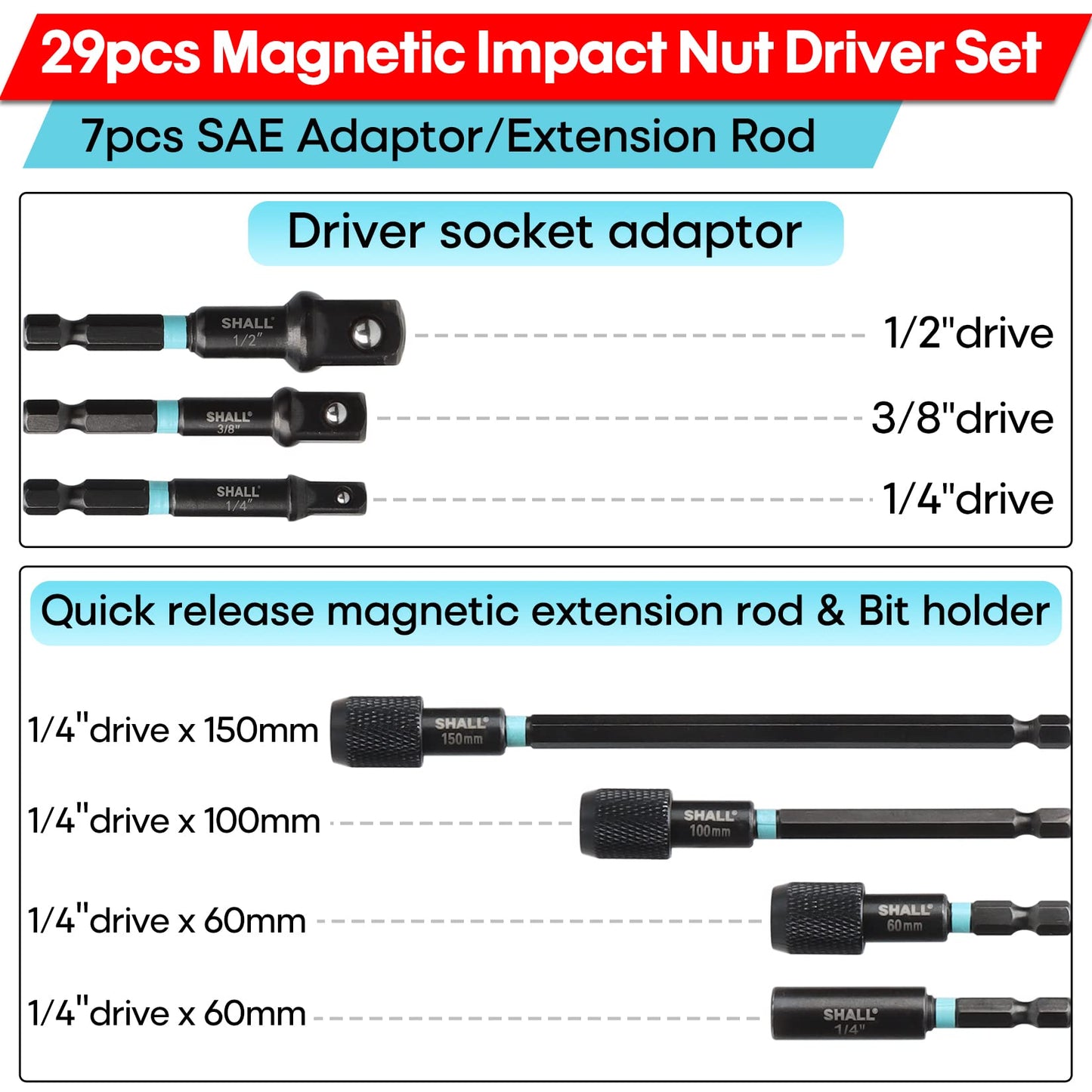 SHALL 29PCS Magnetic Nut Driver Set, 1/4" Hex Impact Drill Bits, SAE & Metric Cr-V Steel, Quick-Release Extensions & Storage Bag