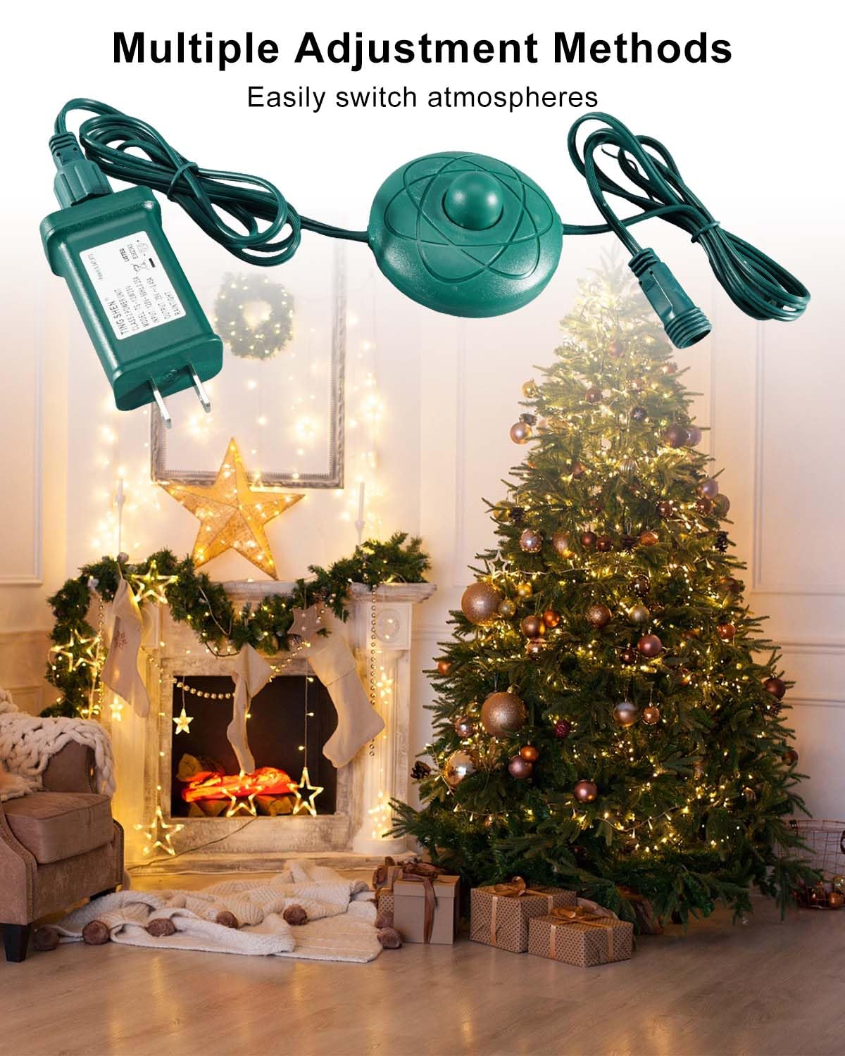 Christmas Tree Light Power Supply with 1/2 inch Plug Foot Switch, 9 Light Modes, Fit for 29V 18W 0.621A Transformer US Adapter Devices（TS-18W29V）