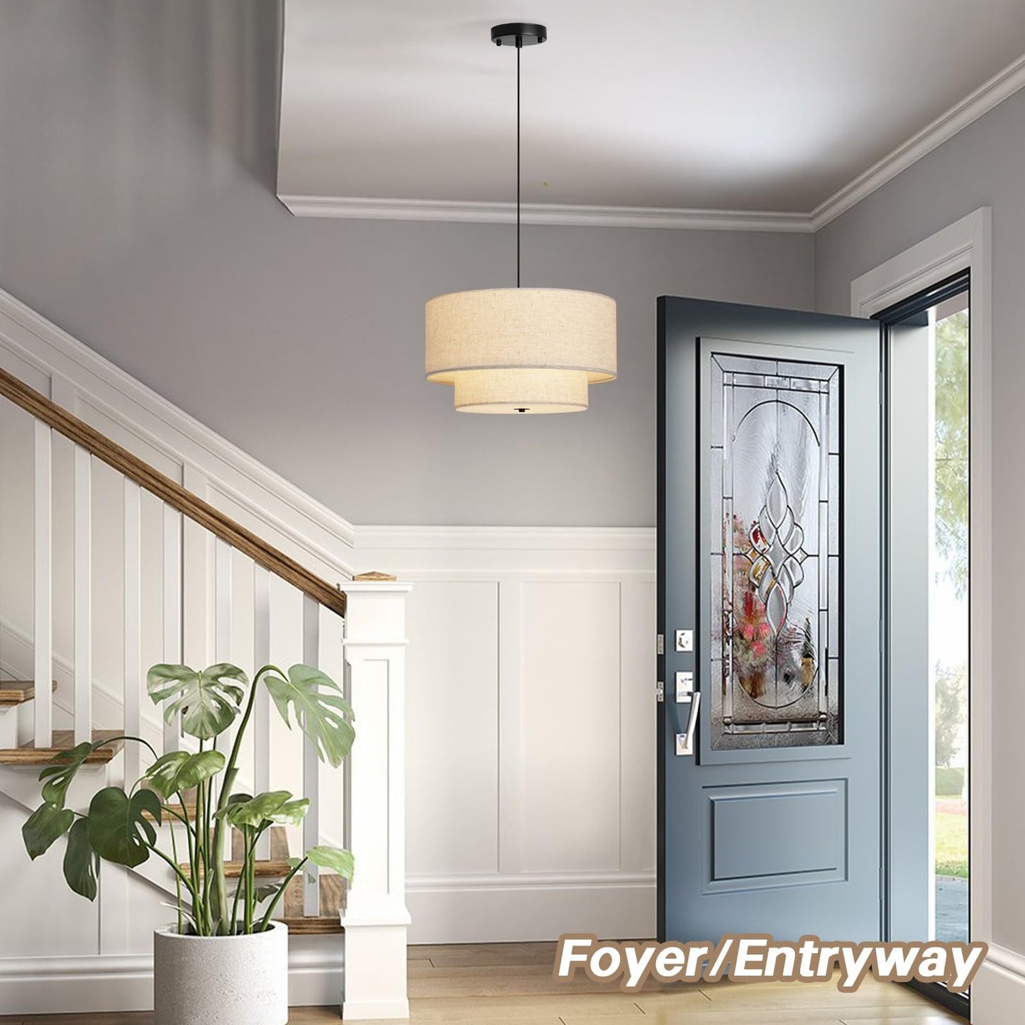 **HILUXIA 18” Modern Double Drum Fabric Pendant Light, Dual Layer Hanging Ceiling Chandelier for Dining Room, Living Room, Bedroom & Kitchen**