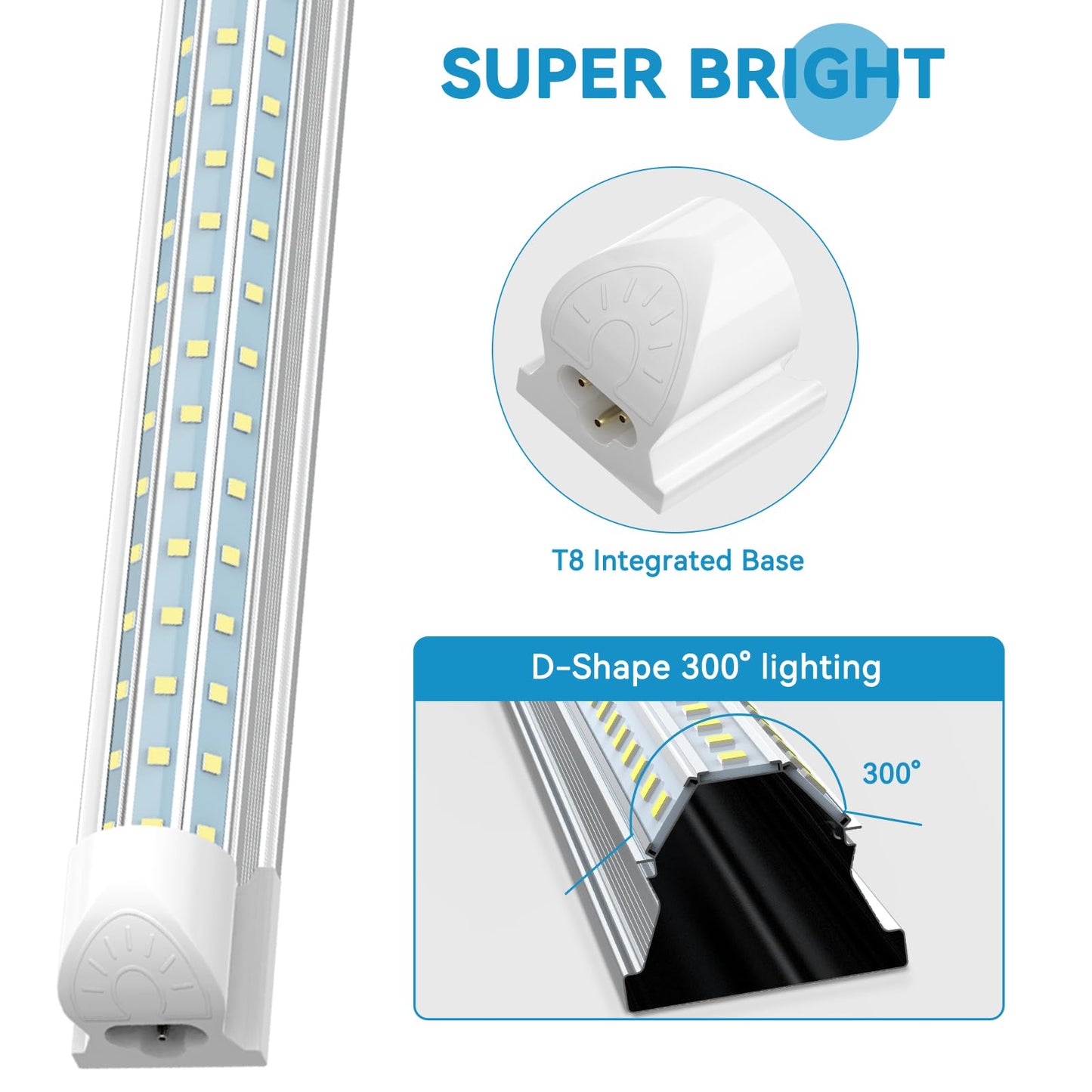 SHOPLED 8FT LED Shop Light 90W 11700LM 6000K Cool White, 300° D-Shape, Linkable T8 Tube, 4-Pack for Garage, Workshop, Warehouse