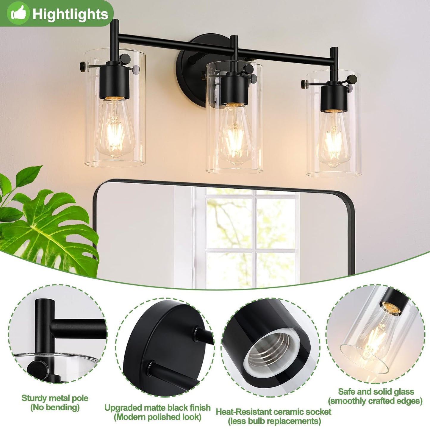 Indoi 3-Light Matte Black Bathroom Vanity Light, Clear Glass Shades, Wall Sconce for Mirror, Bedroom, Hallway & Living Room