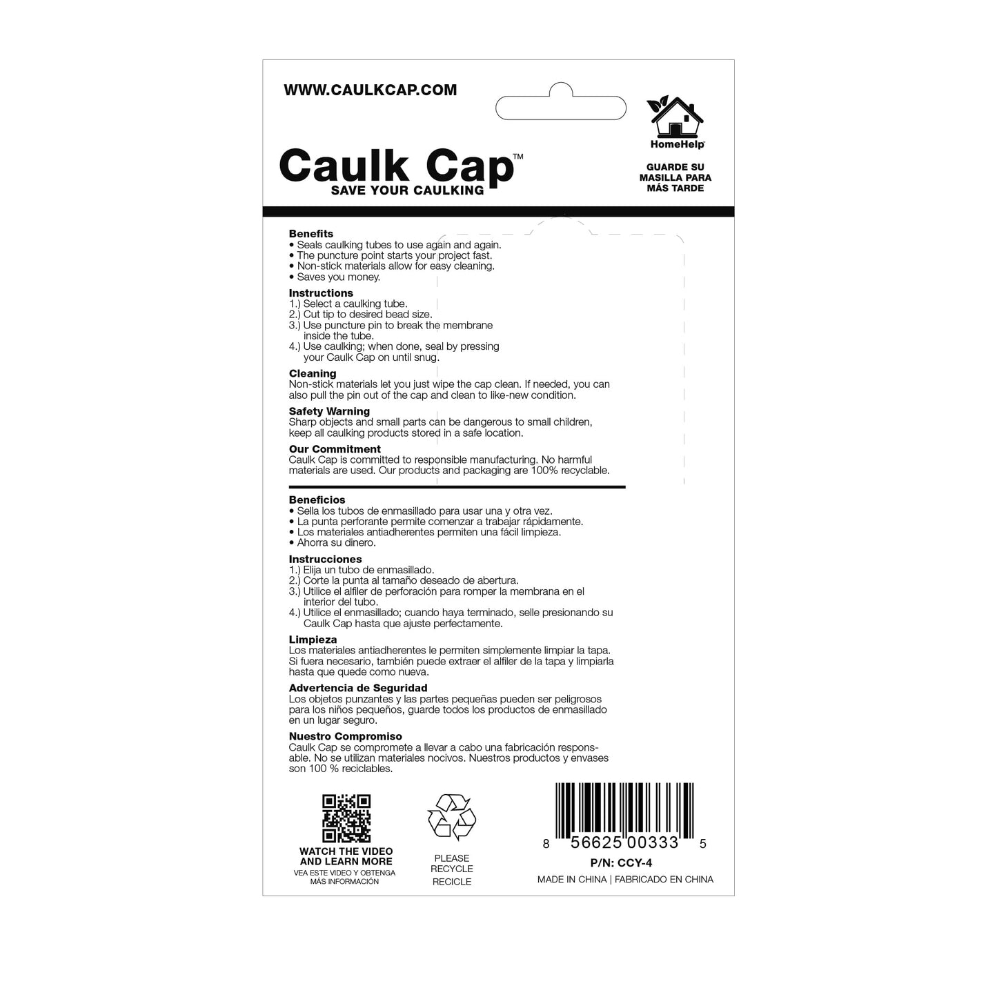 Caulk Cap CCY Caulk Saver Series, Reusable Caulk Tube Sealers with Built-in Puncture Pin, 4 Pack
