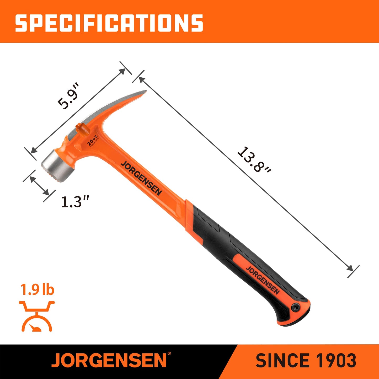 Jorgensen 20oz Straight Claw Hammer with Magnetic Nail Holder, Milled Face, Side Nail Puller & Shock-Absorbing Grip, Heavy Duty