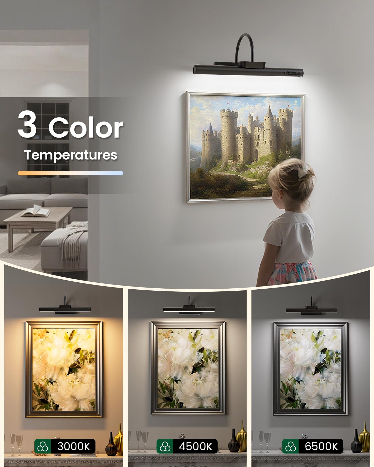 **Bridika Battery Operated Picture Light, 13.8” Rechargeable Art Light, 3 Color Modes & Dimmable Brightness for Paintings, Gallery, Bedroom, Black**