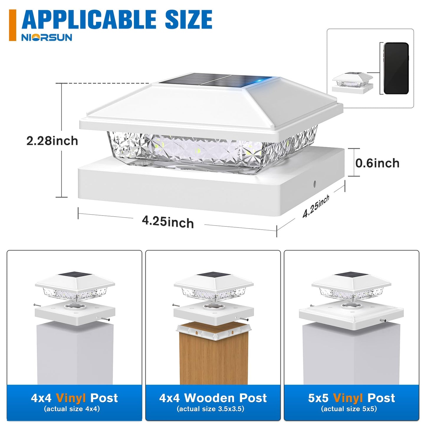 NIORSUN 12-Pack Solar Post Lights for Outdoor Fence & Deck, Cool White, Waterproof, Fits 4x4 & 5x5 Posts, Garden Patio Decor