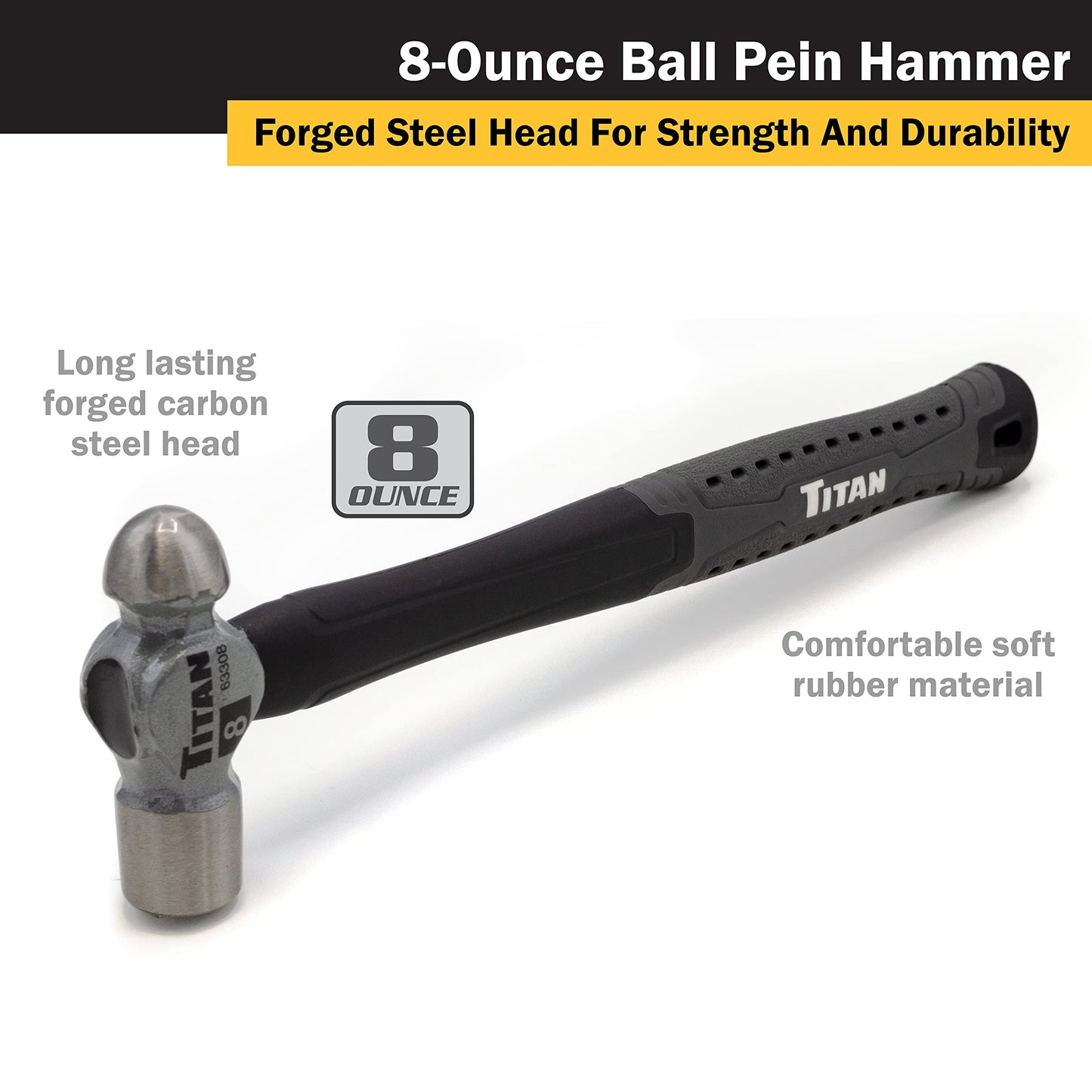 Titan 63302 2-Piece Ball Pein Hammer Set, Includes 8oz & 16oz Ball Peen, Forged Steel Heads, Shock Absorbing Fiberglass Handles & Textured Grips