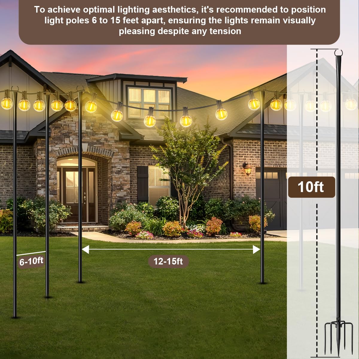 MuliVid 6-Pack 9FT Outdoor String Light Poles, Metal Hanging Light Stands with Forks for Patio, Garden, Backyard, Pergola, Party