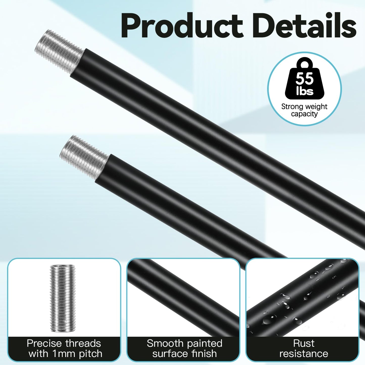 Haligate Matte Black M10 Threaded Extension Rod for Pendant Light, Island Lighting, Chandeliers,Lighting Fixture downrods & Stems,12 Inches